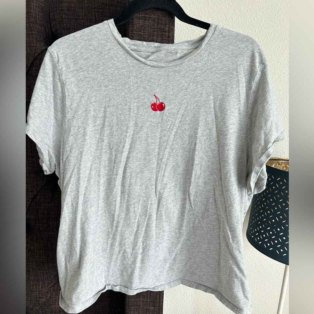 Aerie Light Gray Cherry Embroidered Tee
